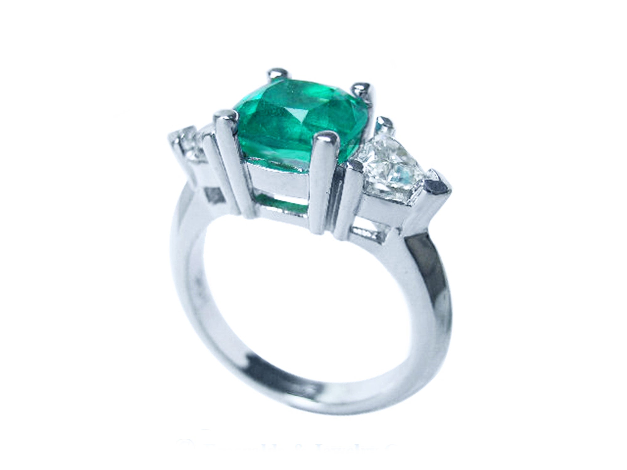 Emerald cushion cut side diamonds trillion cut white gold ring