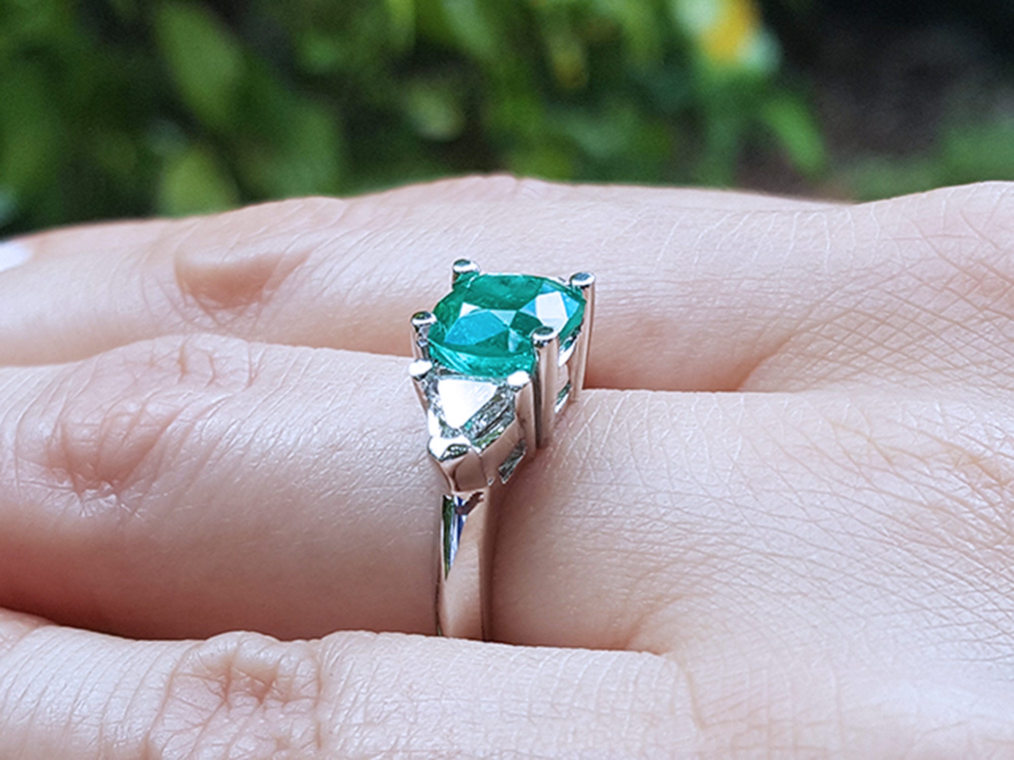 Emerald three stone ring cushion cut for ladies