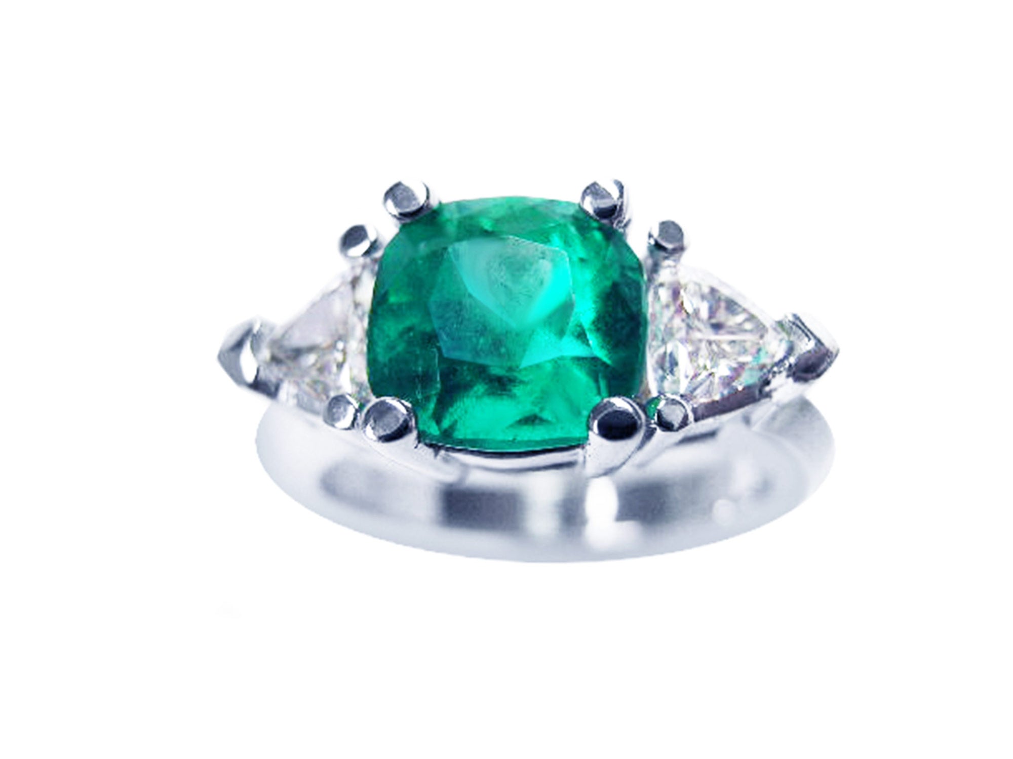Cushion cut Emerald ring trillion side diamonds