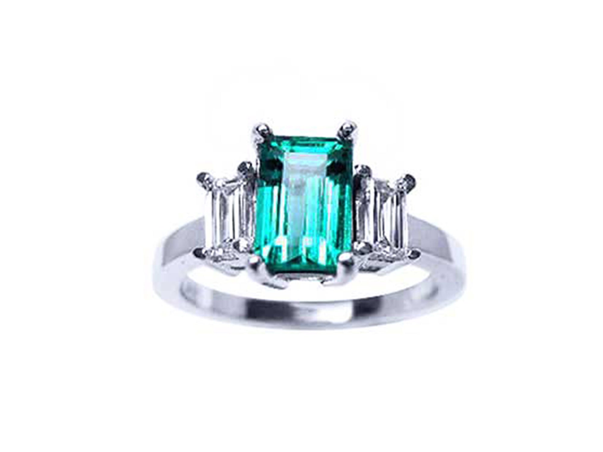 Emerald three stone ring side baguette diamonds
