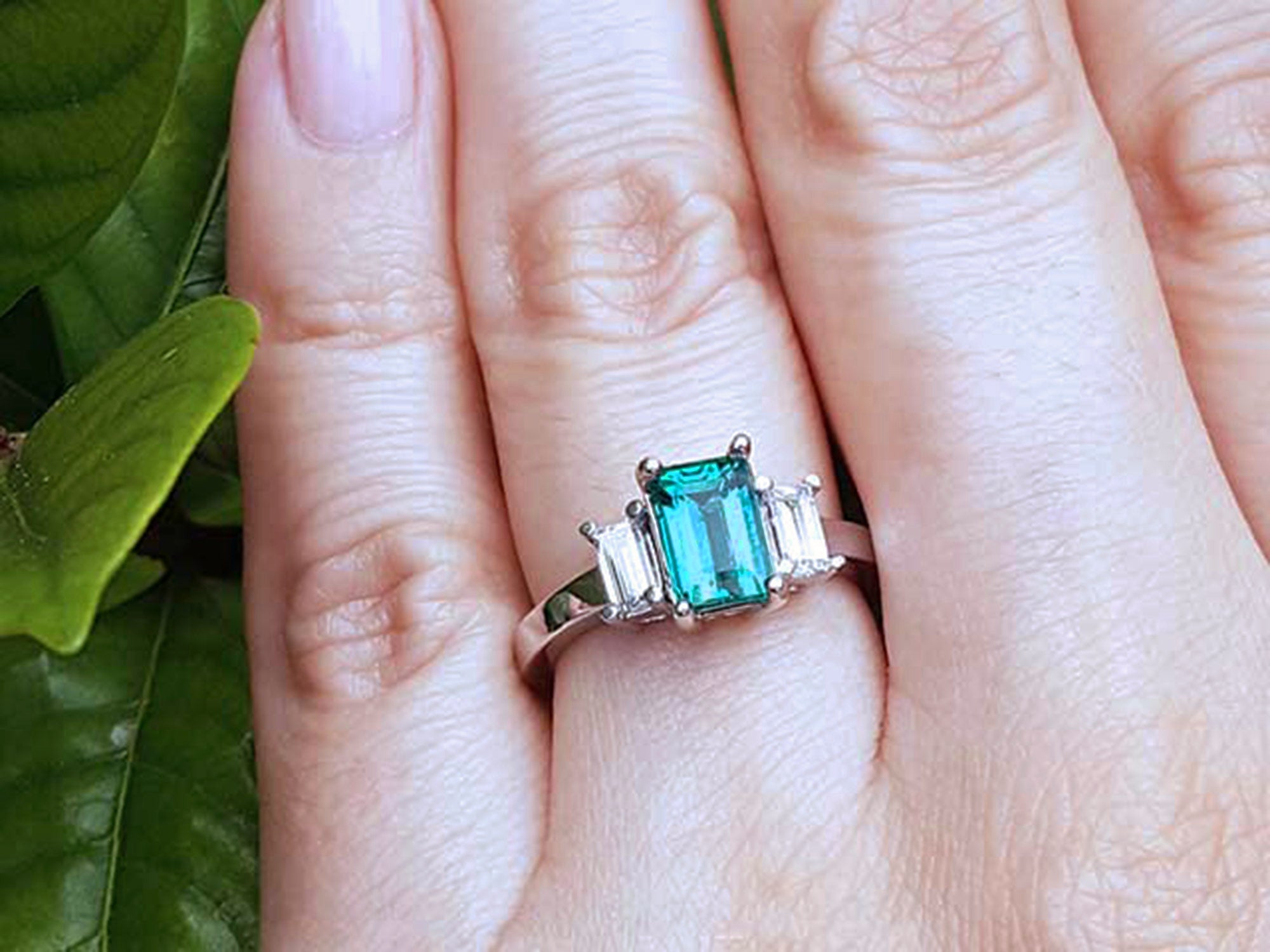 Emerald three stone ring for women