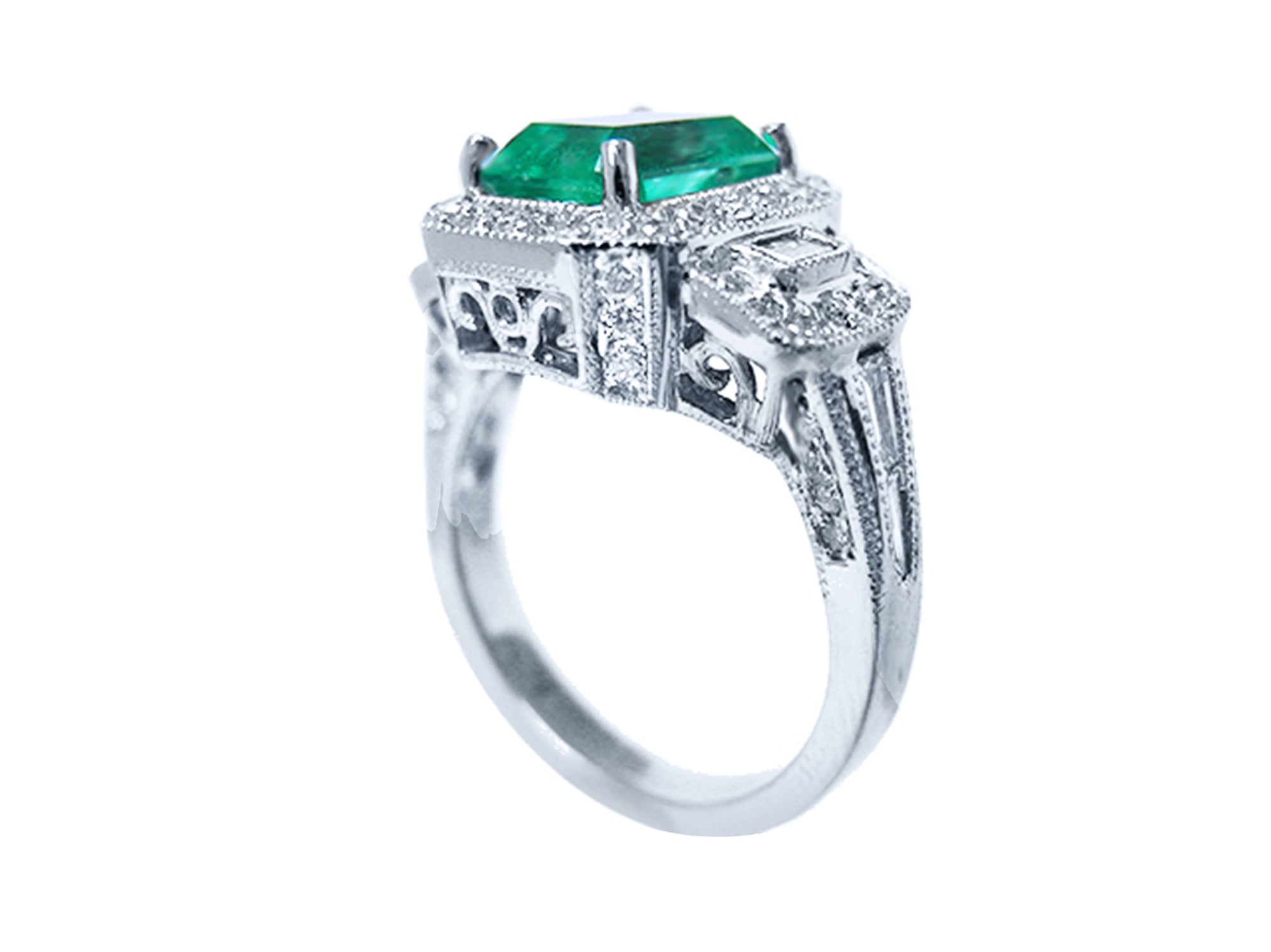 Halo diamond emerald engagement ring