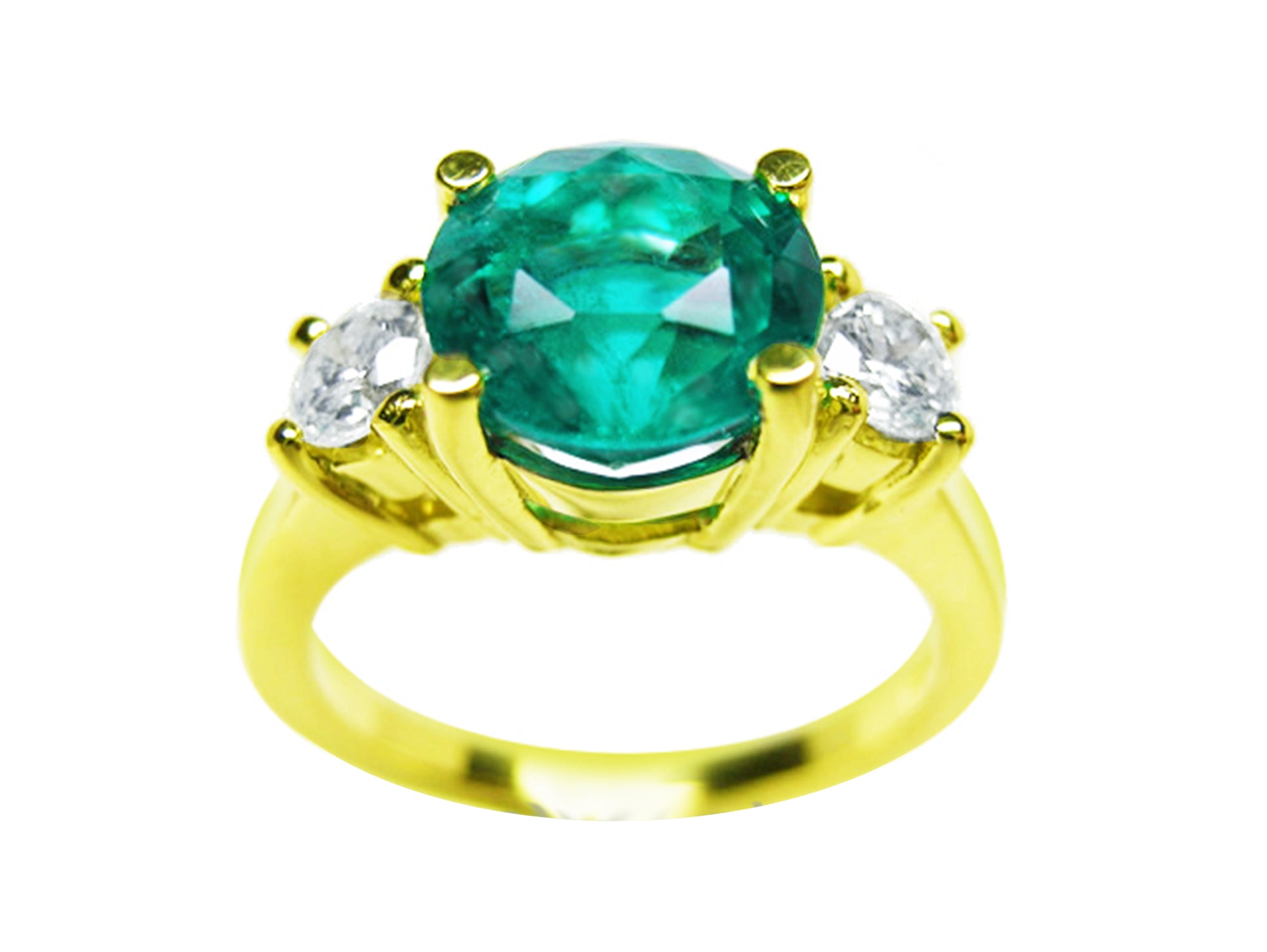 Three stone round cut emerald ring