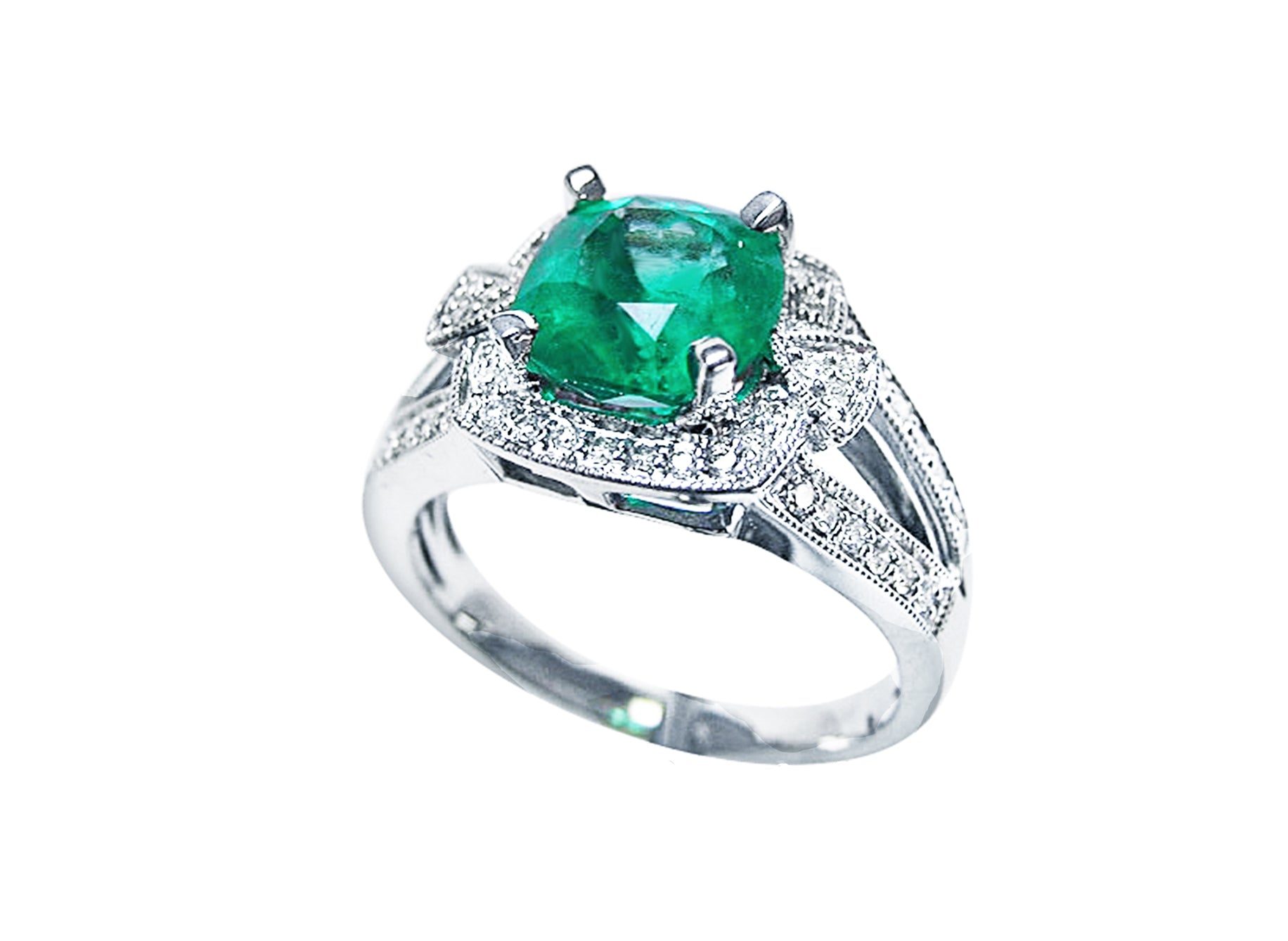 Emerald cushion cut and diamond women's ring