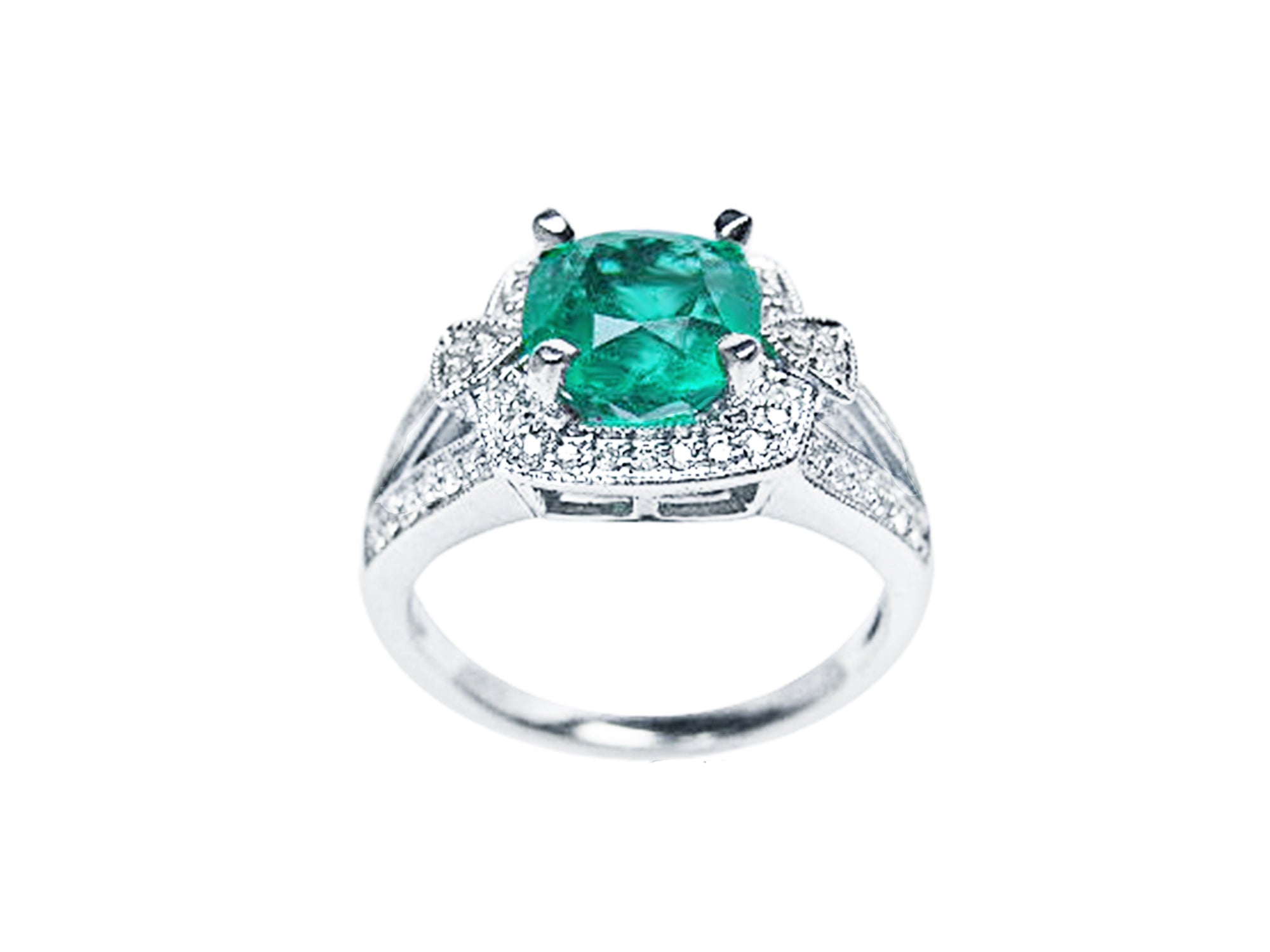 Cushion cut emerald halo diamond engagement ring