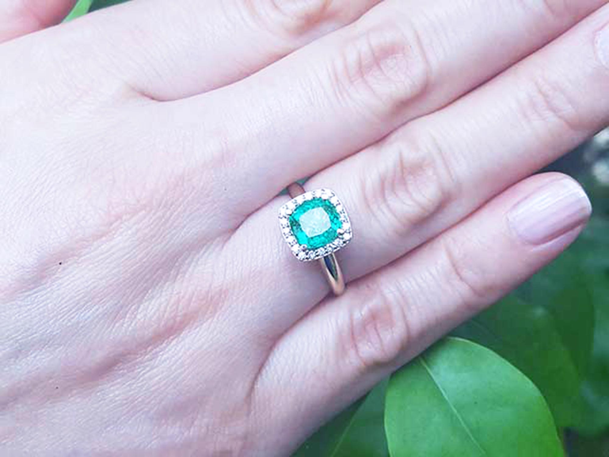 1.45 ct. Halo Diamond Natural Cushion cut Colombian Emerald Ring Bluish Green 14K Gold