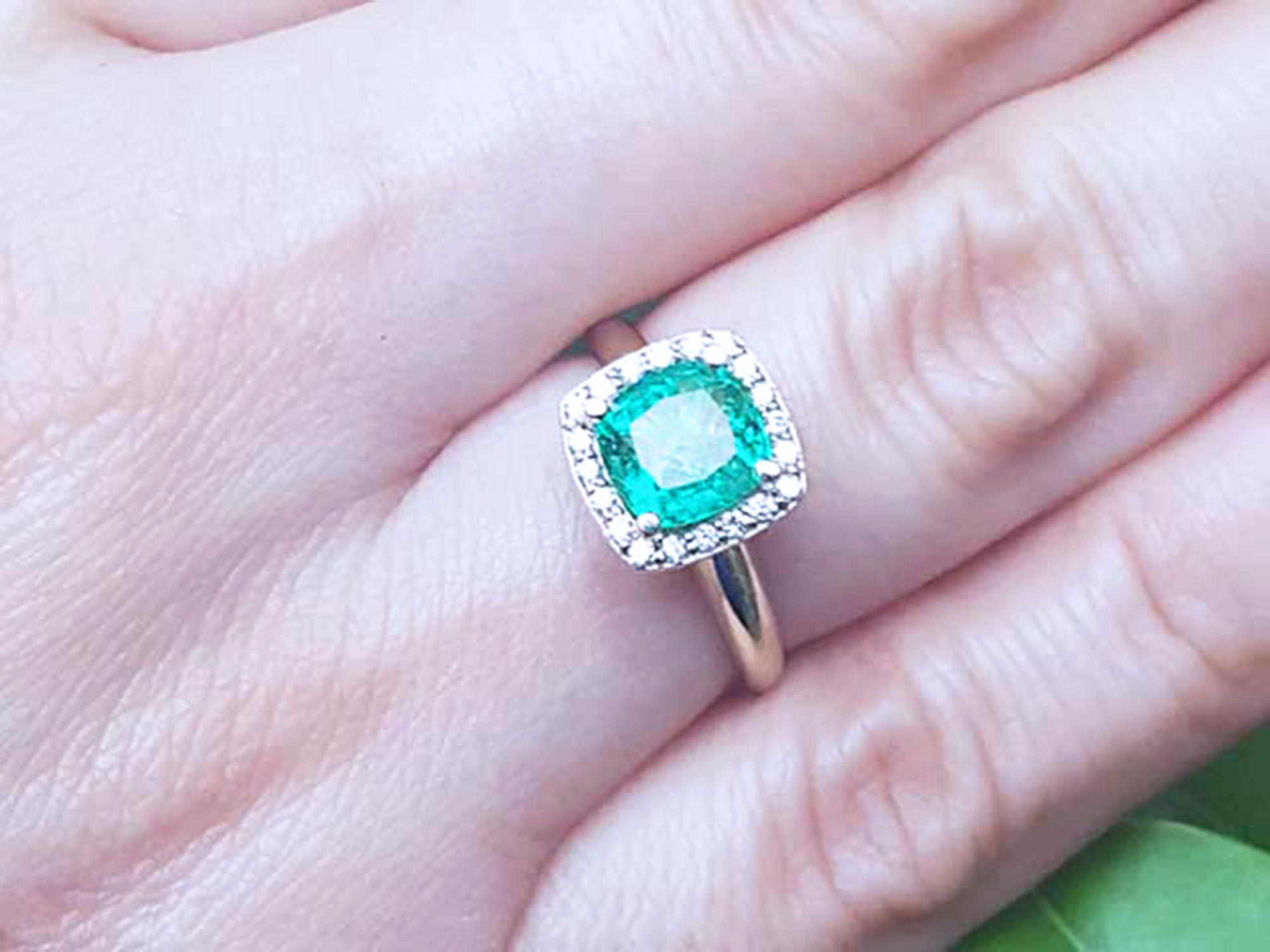 1.45 ct. Halo Diamond Natural Cushion cut Colombian Emerald Ring Bluish Green 14K Gold