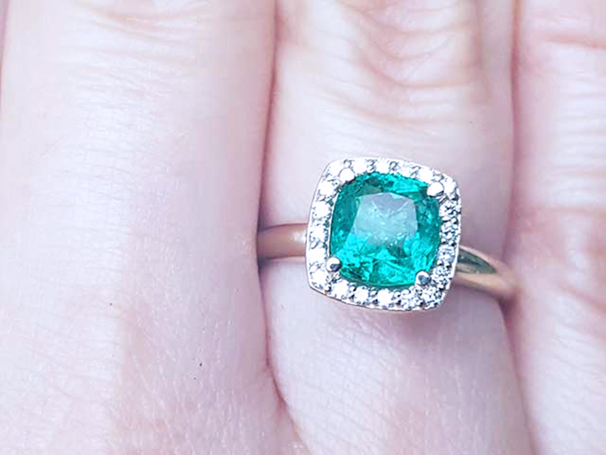 1.45 ct. Halo Diamond Natural Cushion cut Colombian Emerald Ring Bluish Green 14K Gold