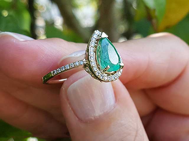 Halo diamond emerald ring for women