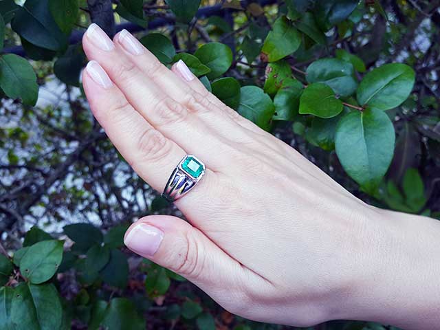 Emerald solitaire ring made in USA