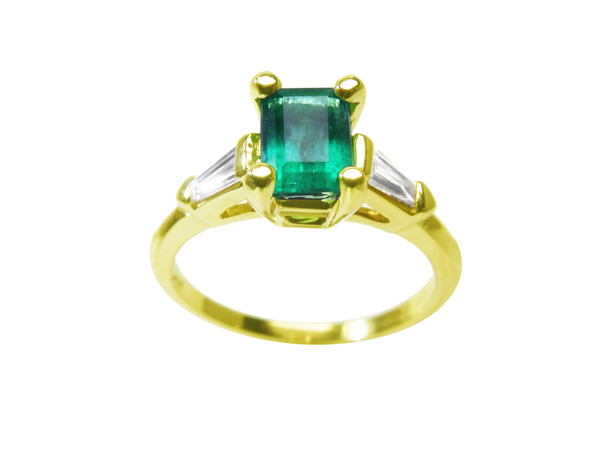 A natural emerald ring topside view with side diamonds, the May's birthstone jewelry.