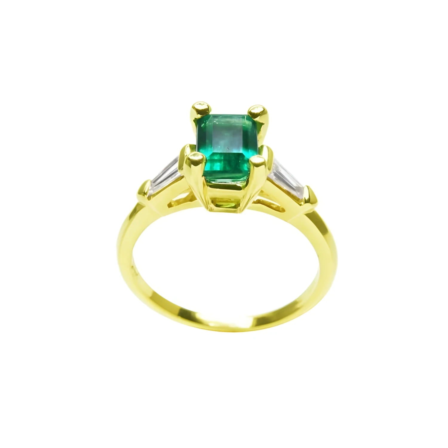 14K yellow gold ring with a vibrant emerald-cut emerald and baguette side diamonds.