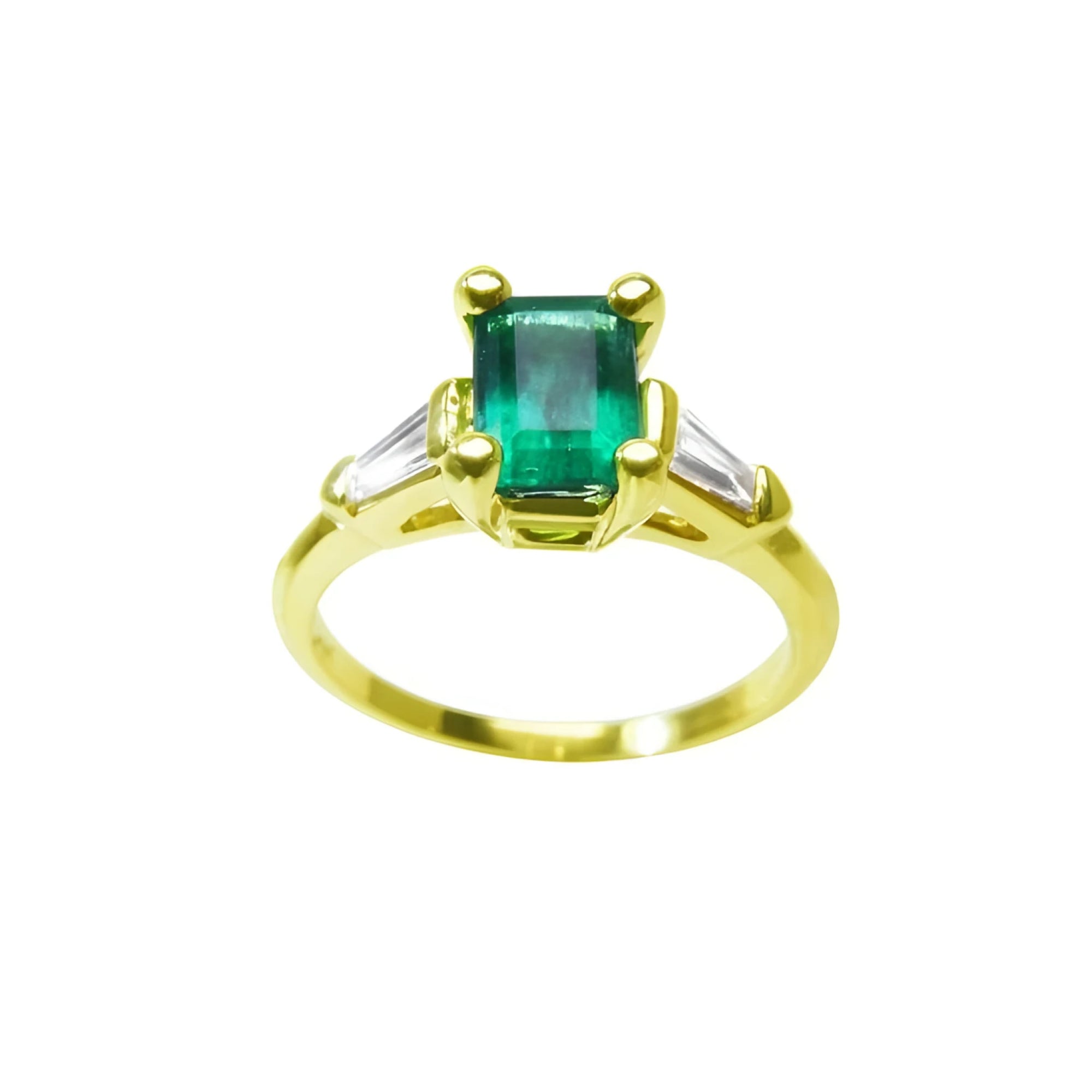 A natural colombian emerald ring with side baguette diamonds, the May's birthstone jewelry.