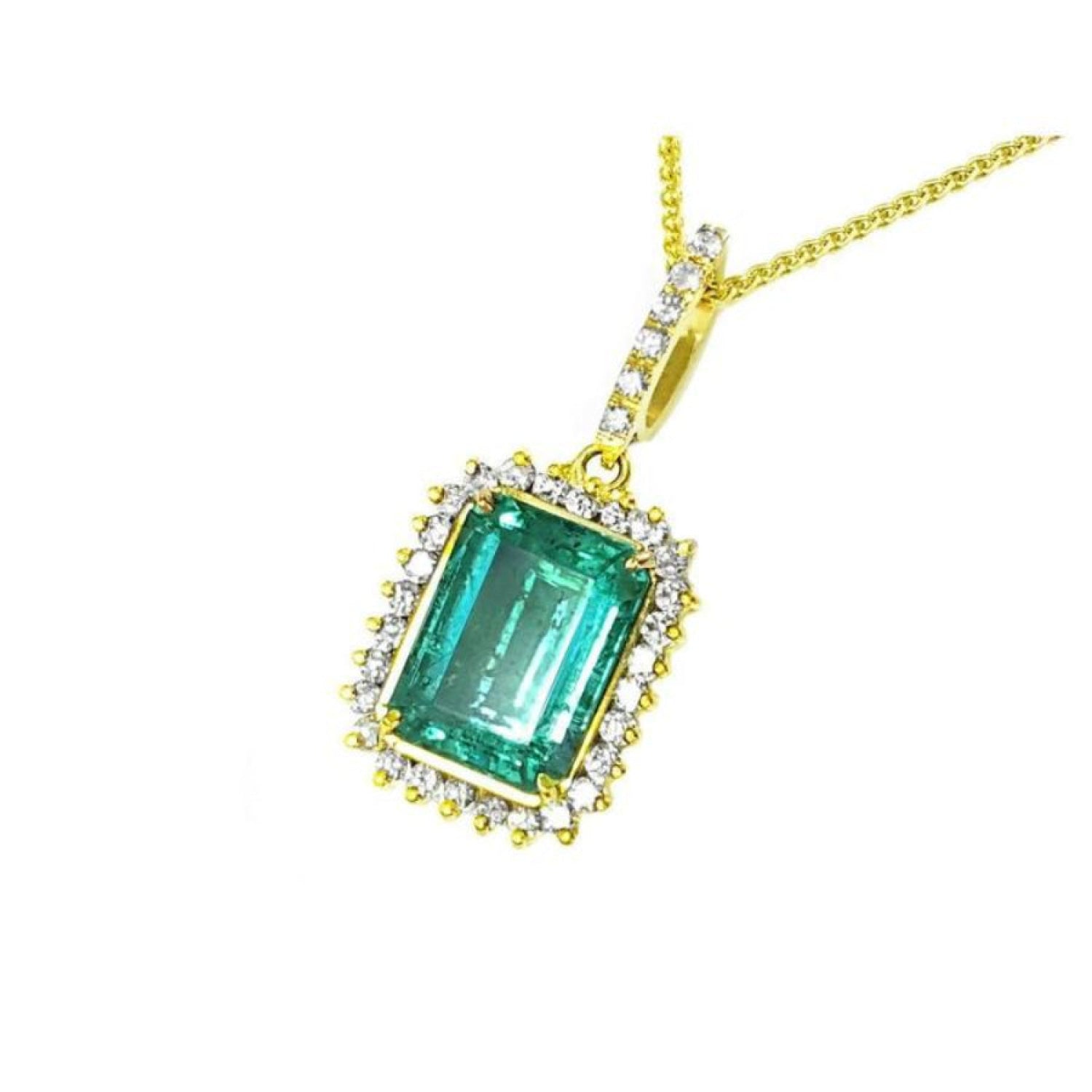 Emerald-cut emerald pendant with halo diamonds in 18K gold, featuring a brilliant green emerald.