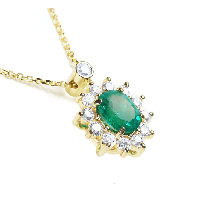 Genuine emerald necklace natural Muzo mine oval cut 1.11 carats encircled by halo diamonds crafted in 14k yellow gold