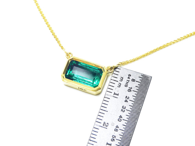 Emerald-cut real Colombian emerald bezel set necklace