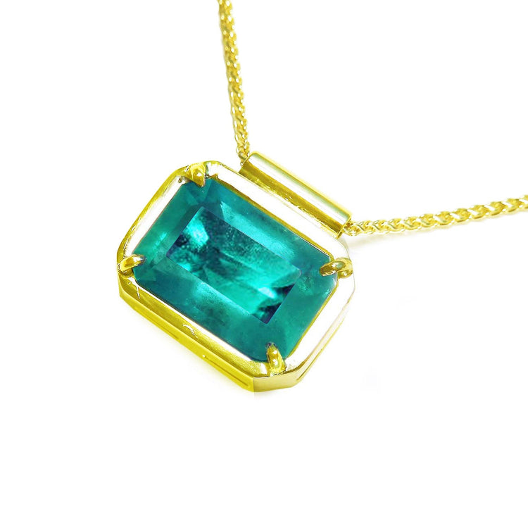 Slider Emerald solitaire necklaces for women east west orientation emerald-cut rectangular in 18k yellow gold