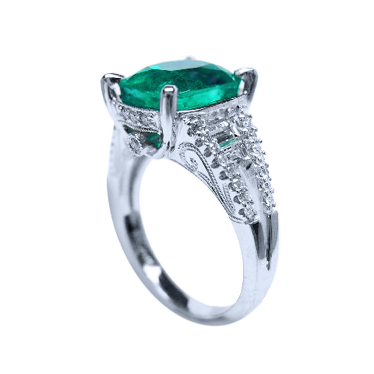 Cushion cut Colombian emerald ring for women