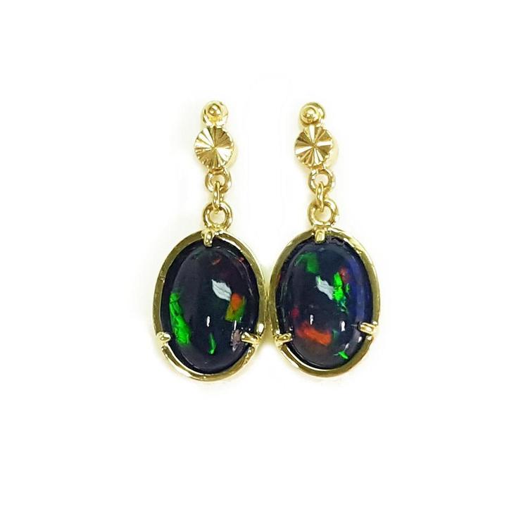 Ethiopian Welo black opal earrings with bluish green and fire red orange, set in 14K yellow gold.