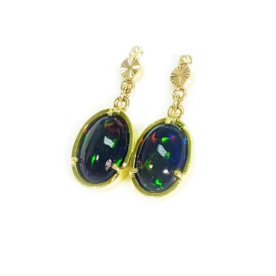 Ethiopian Welo black opal oval earrings with bluish-green and red-orange fire, set in 14K yellow gold.