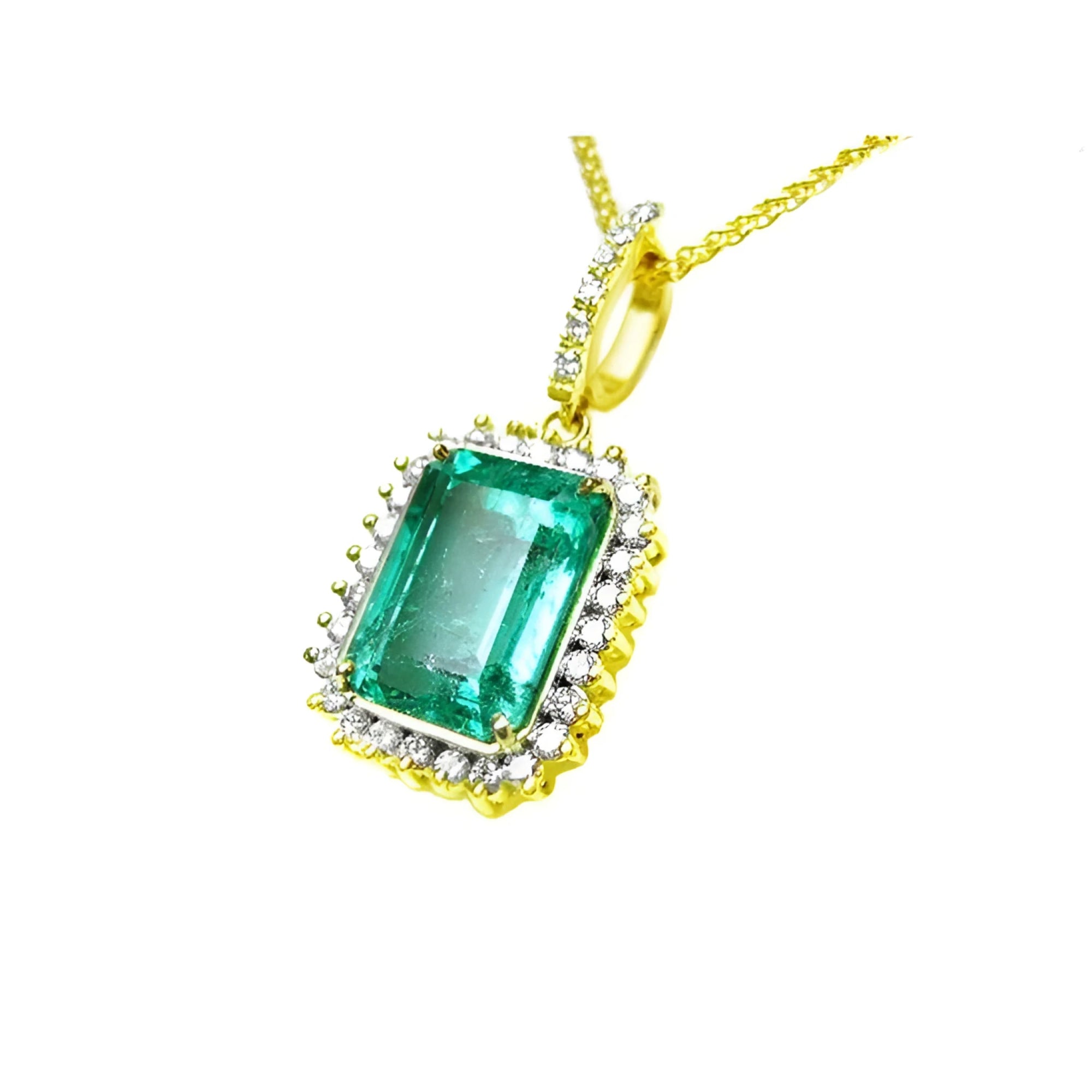 Emerald-cut emerald pendant with halo diamonds in 18K yellow gold, featuring a diamond-set bail.