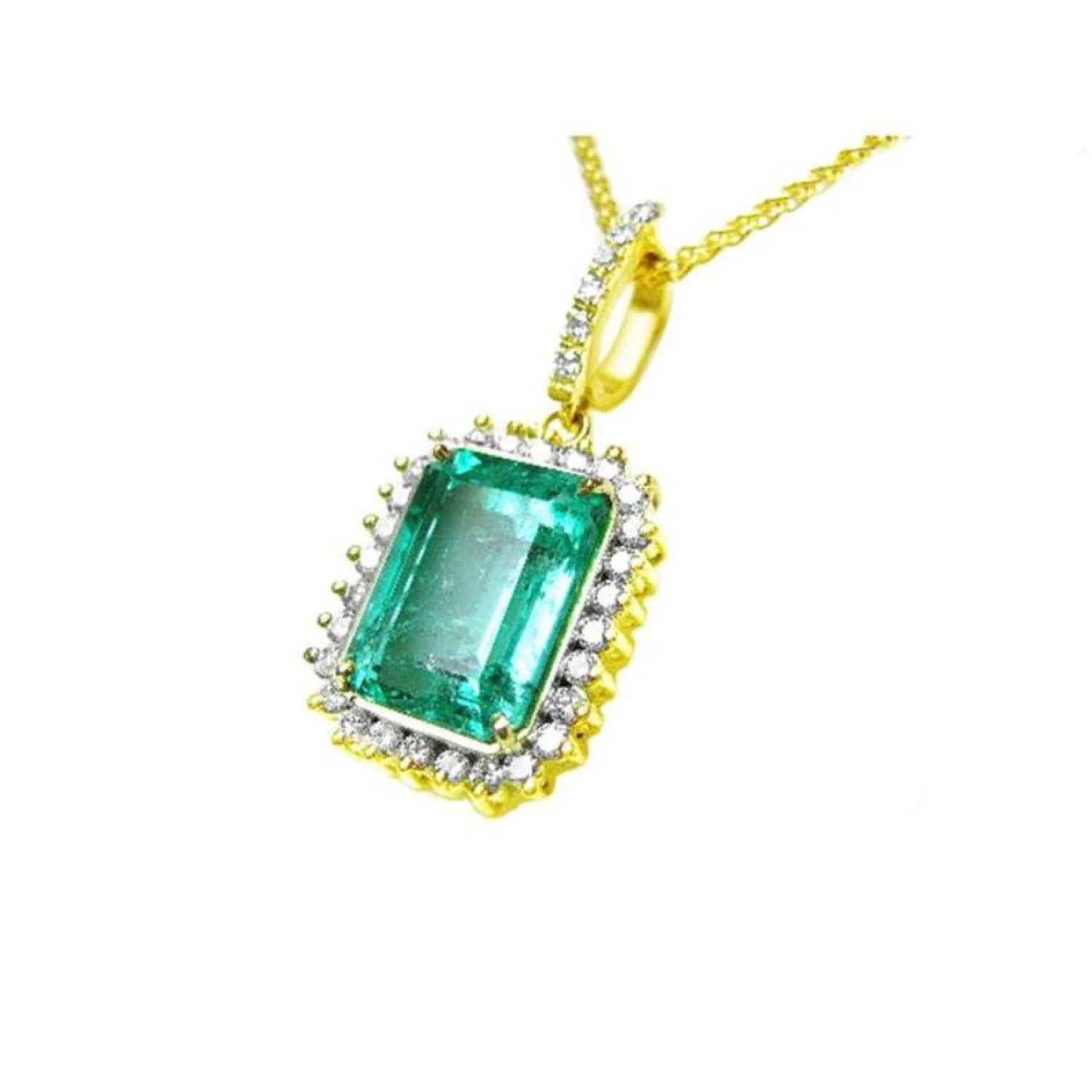 Emerald-cut emerald pendant with halo diamonds in 18K yellow gold, featuring a diamond-set bail.