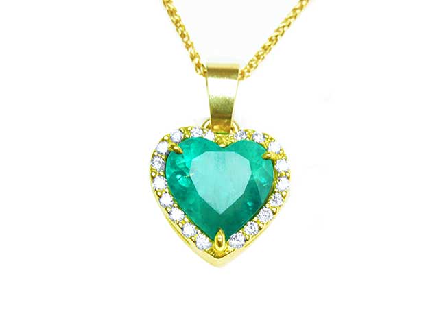 Halo diamond heart emerald pendant necklace