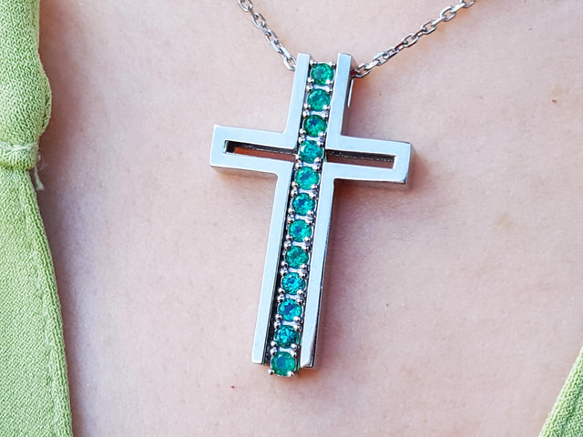 May birthstone emerald cross pendant necklace