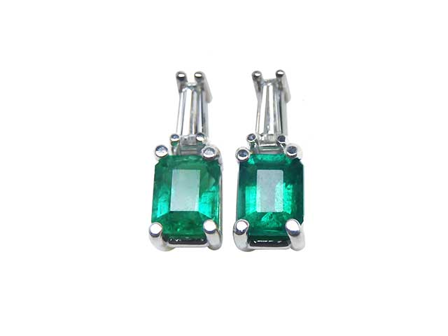 Emerald and baguette diamond stud earrings