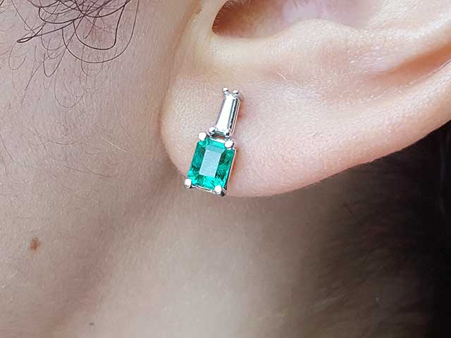 Emerald and diamond baguette cut stud earrings