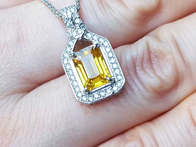 Halo diamonds yellow sapphire necklace