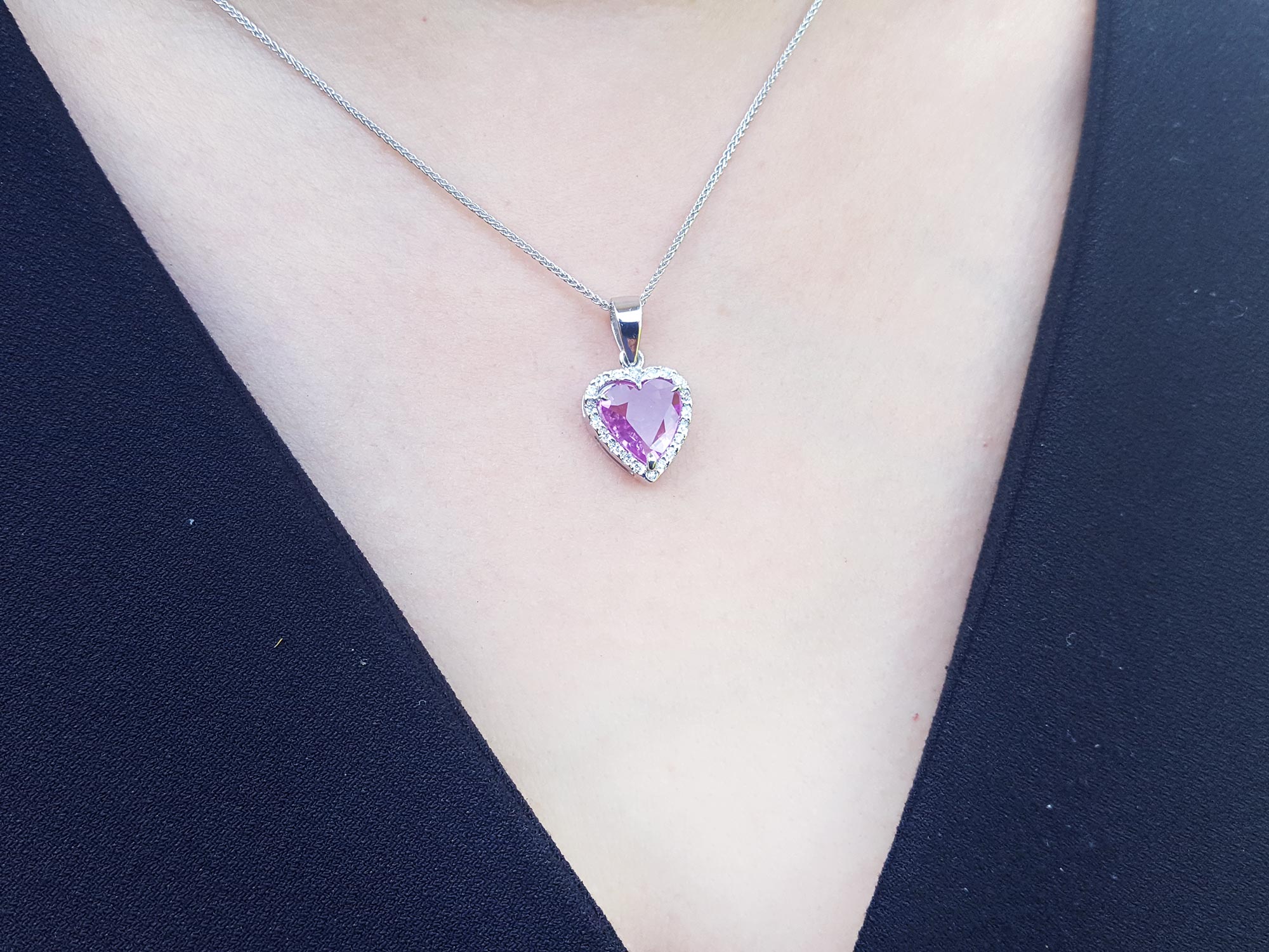 Halo diamond pink sapphire necklace
