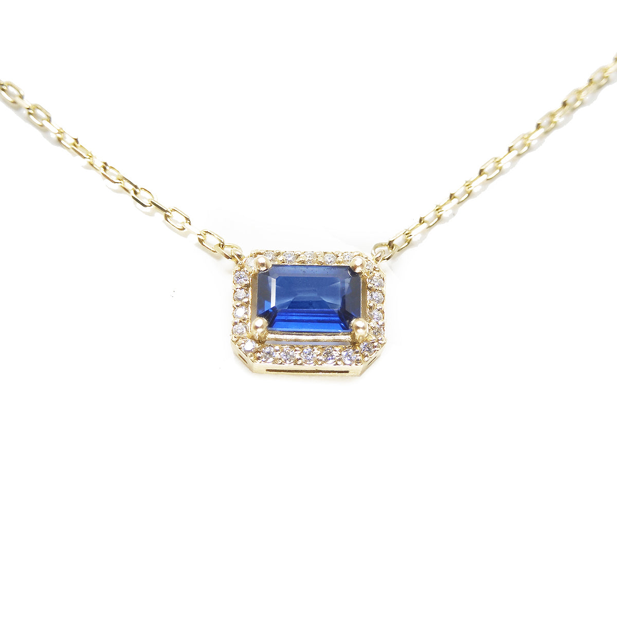 1.03 ct. Natural Blue Sapphire Necklace Emerald cut Halo Diamonds in 14K Yellow Gold