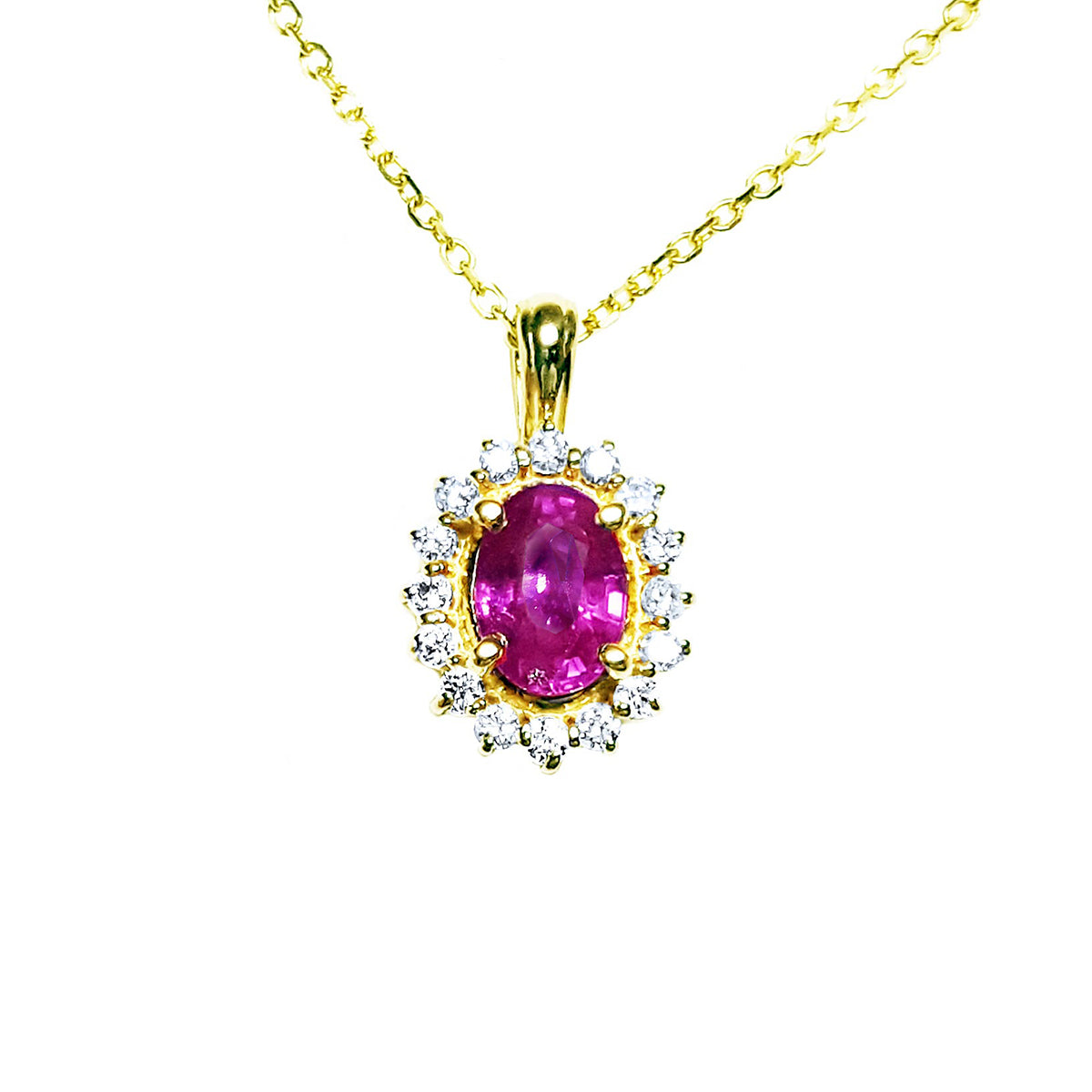 1.25 ct. Bubblegum Oval cut Pink Sapphire Halo Diamond Necklace Pendant 14K Yellow Gold