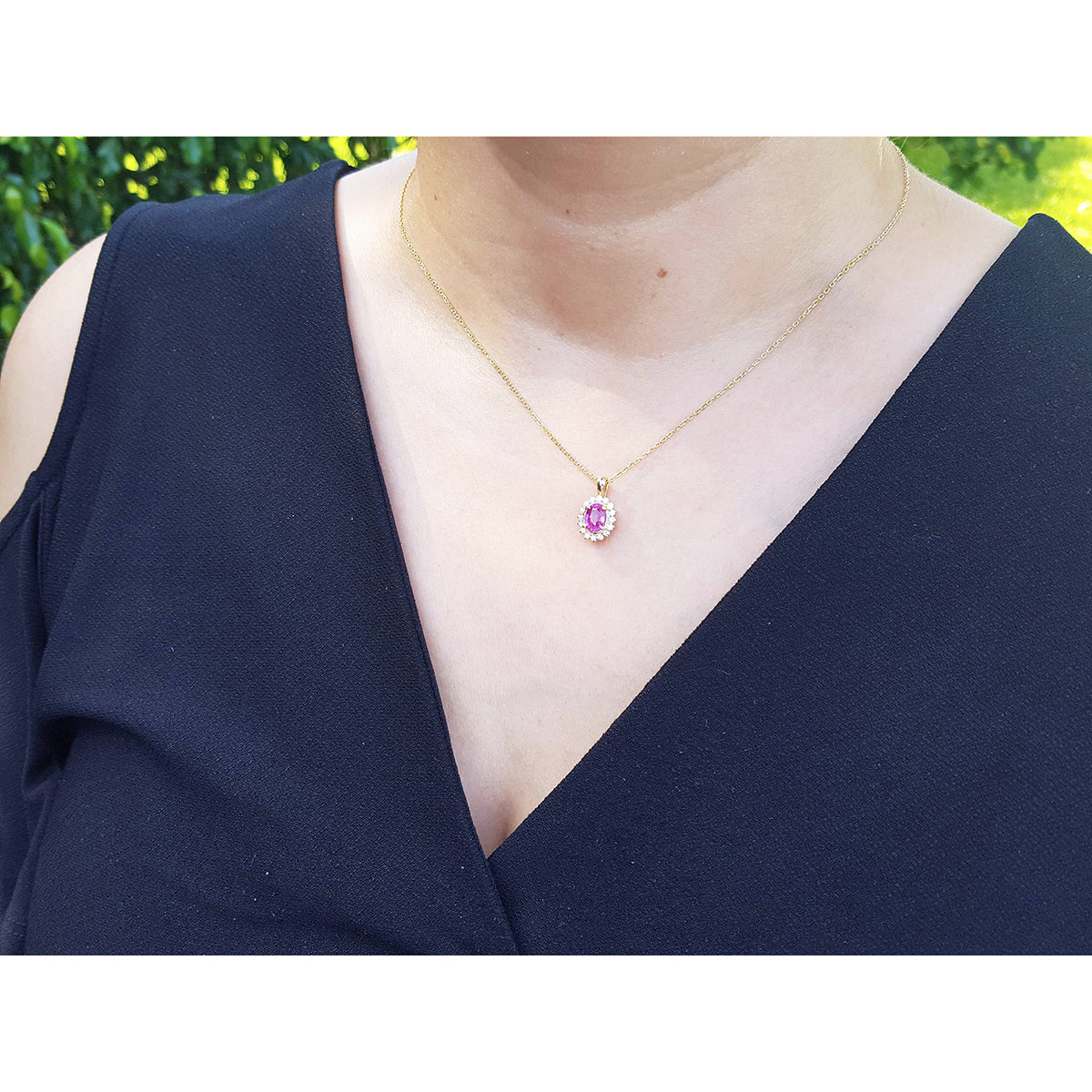 1.25 ct. Bubblegum Oval cut Pink Sapphire Halo Diamond Necklace Pendant 14K Yellow Gold