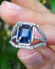 Emerald cut blue sapphire rings
