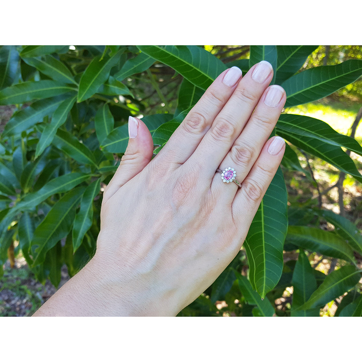 0.79 Carats Natural Pink Sapphire Ring for Women Halo Diamonds in 14K White Gold