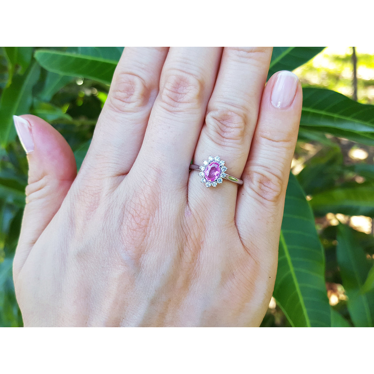 0.79 Carats Natural Pink Sapphire Ring for Women Halo Diamonds in 14K White Gold