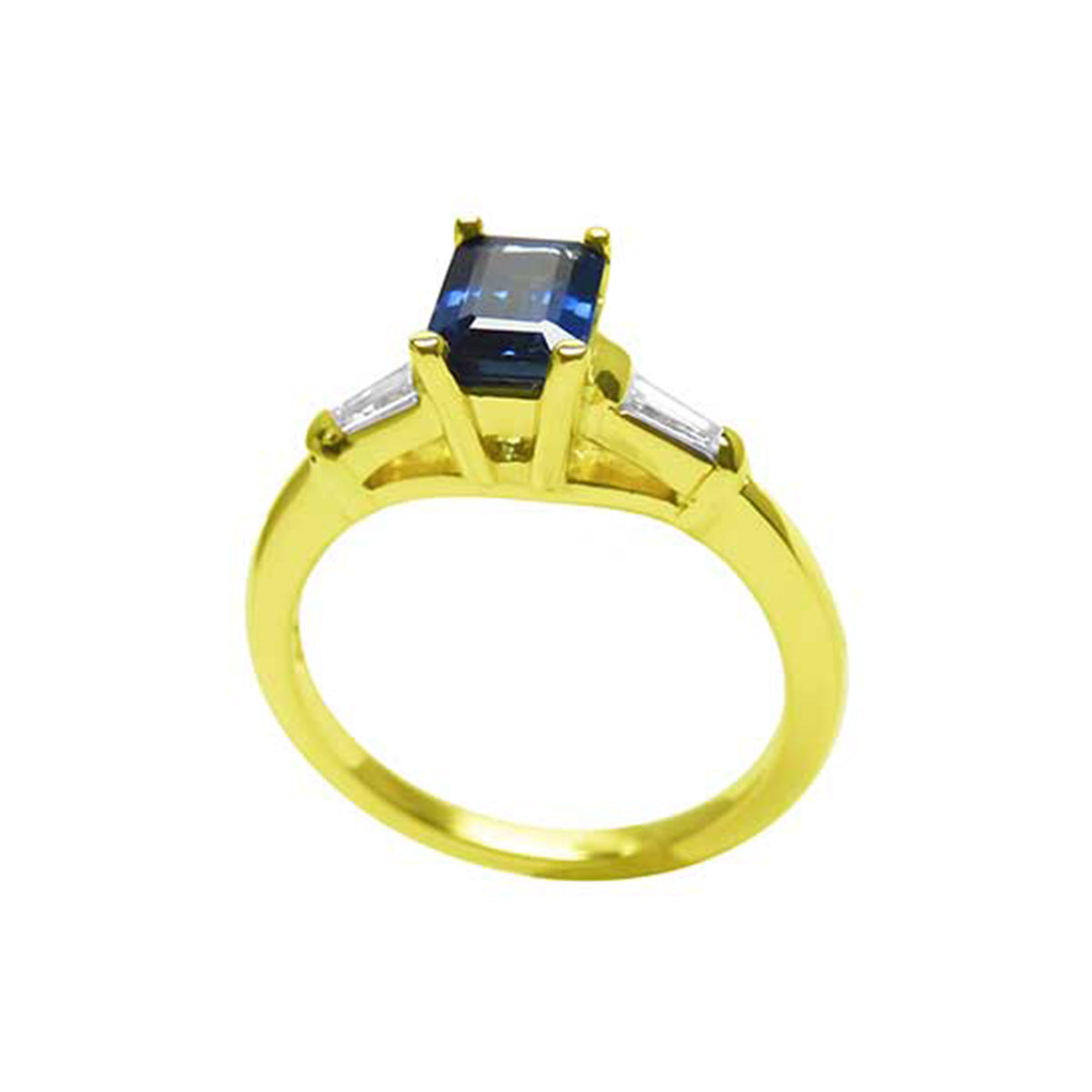 1.13 ct. Women&#39;s Blue Sapphire Three Stone Ring Side Tapered Baguette Diamonds 14K Yellow Gold