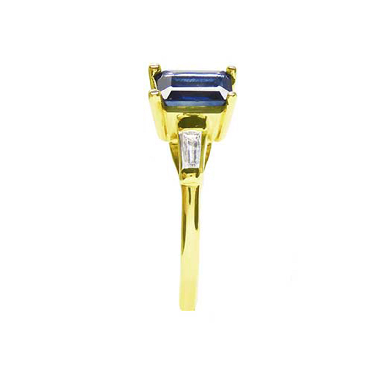 1.13 ct. Women&#39;s Blue Sapphire Three Stone Ring Side Tapered Baguette Diamonds 14K Yellow Gold