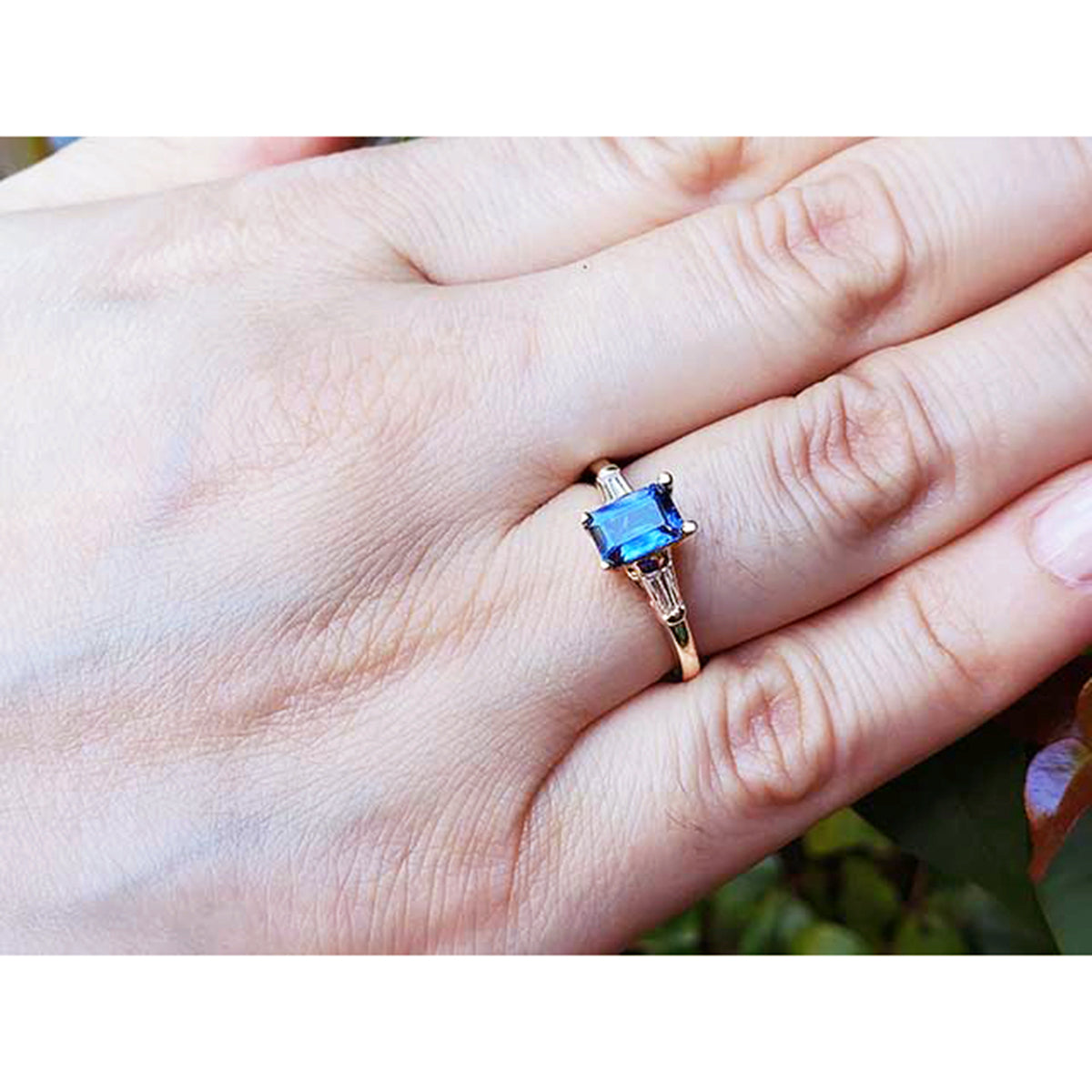 1.13 ct. Women&#39;s Blue Sapphire Three Stone Ring Side Tapered Baguette Diamonds 14K Yellow Gold