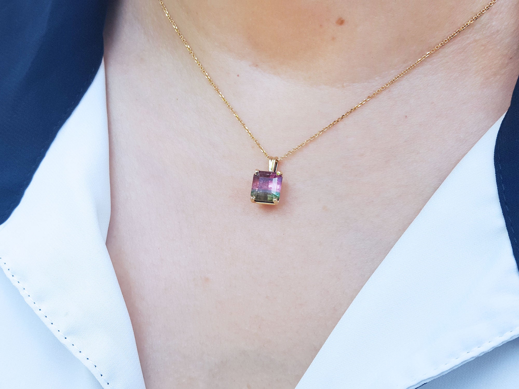Yellow gold watermelon tourmaline necklace