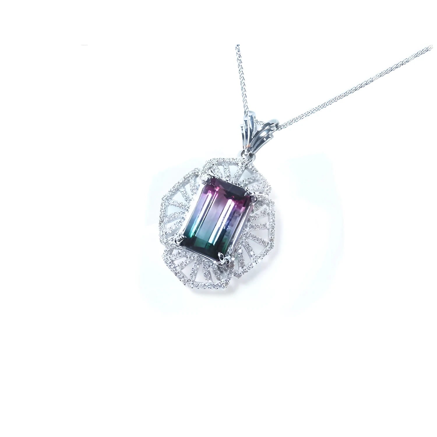 4.90 ct. rectangular watermelon tourmaline pendant with diamonds on a 14K white gold necklace.