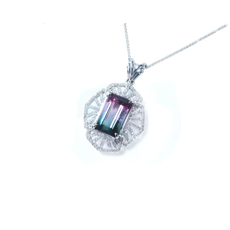 4.90 ct. rectangular watermelon tourmaline pendant with diamonds on a 14K white gold necklace.