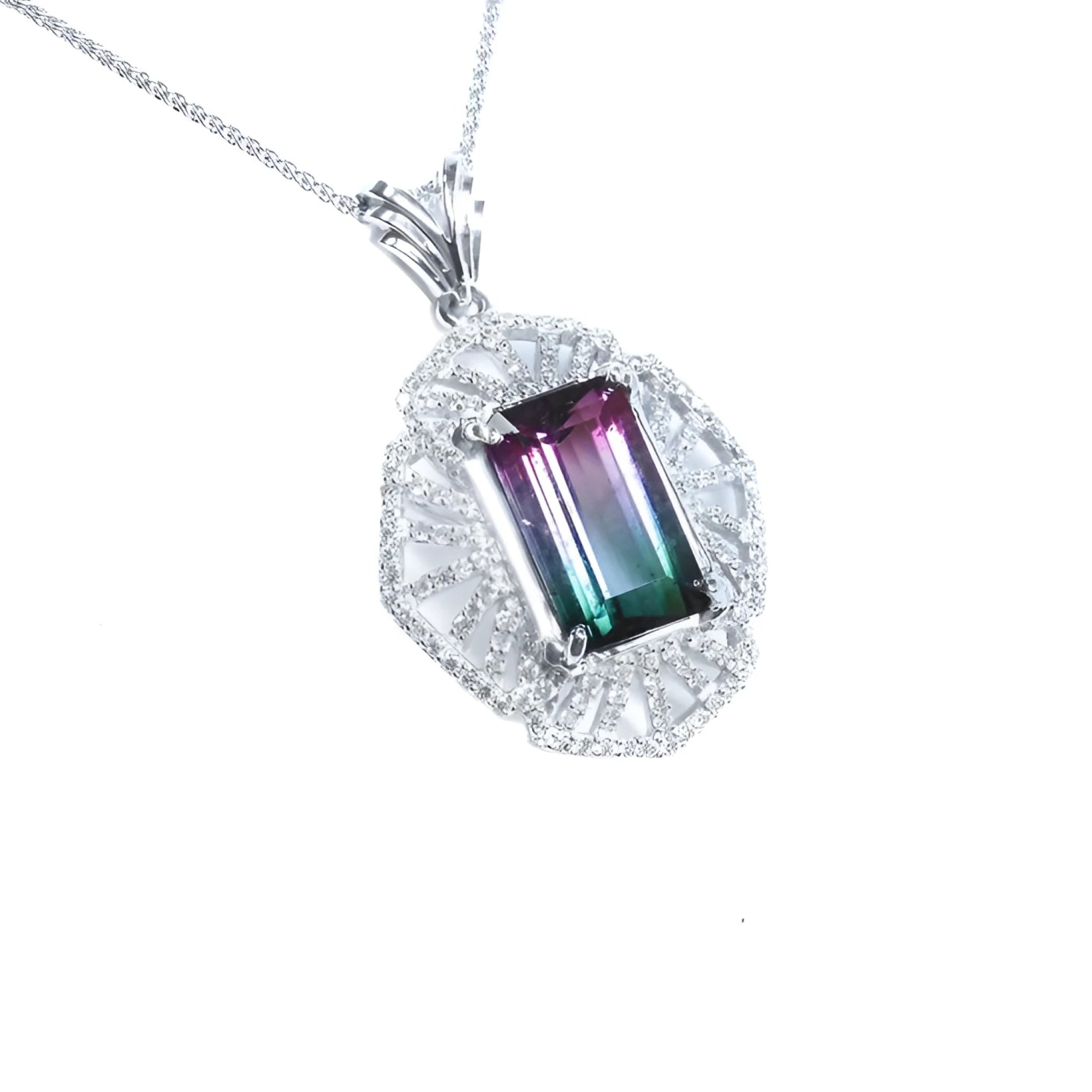 4.90 ct. rectangular watermelon tourmaline pendant with diamonds on a 14K white gold necklace.