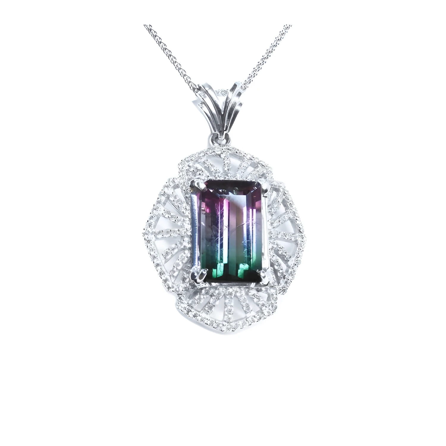 4.90 ct. rectangular watermelon tourmaline pendant with diamonds on 14K white gold necklace.