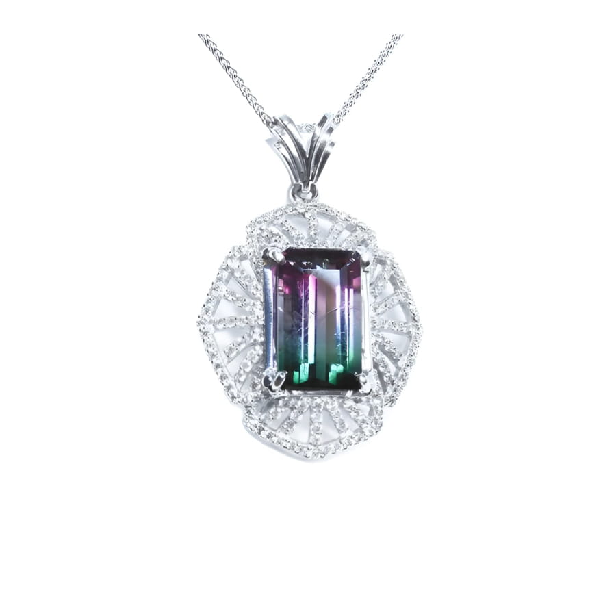 4.90 ct. rectangular watermelon tourmaline pendant with diamonds on 14K white gold necklace.