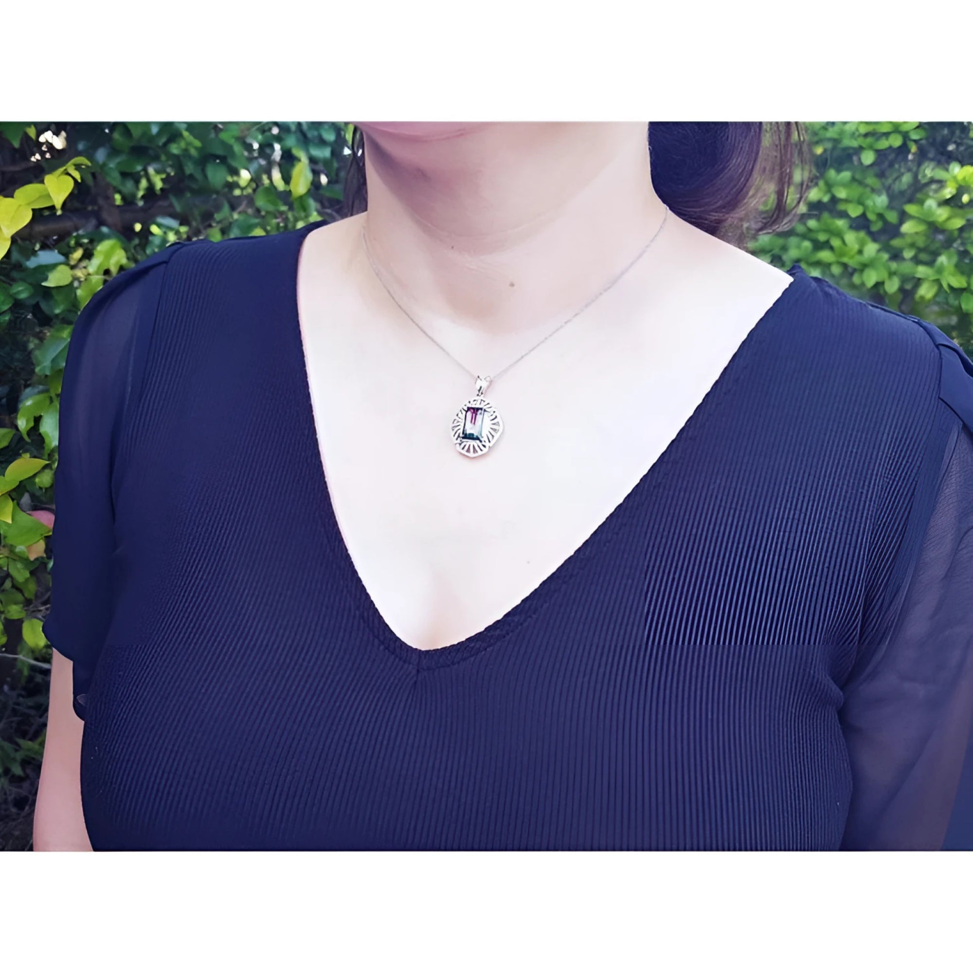 Watermelon tourmaline pendant necklace with rectangular emerald cut, bluish green and pink, 14K white gold.