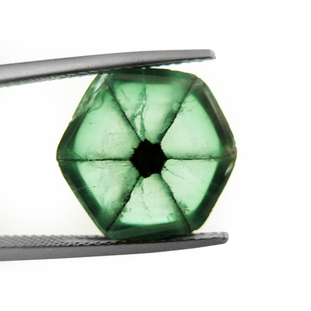 A trapiche colombian emerald displaying its central black core with six dendrites, held by tweezers.