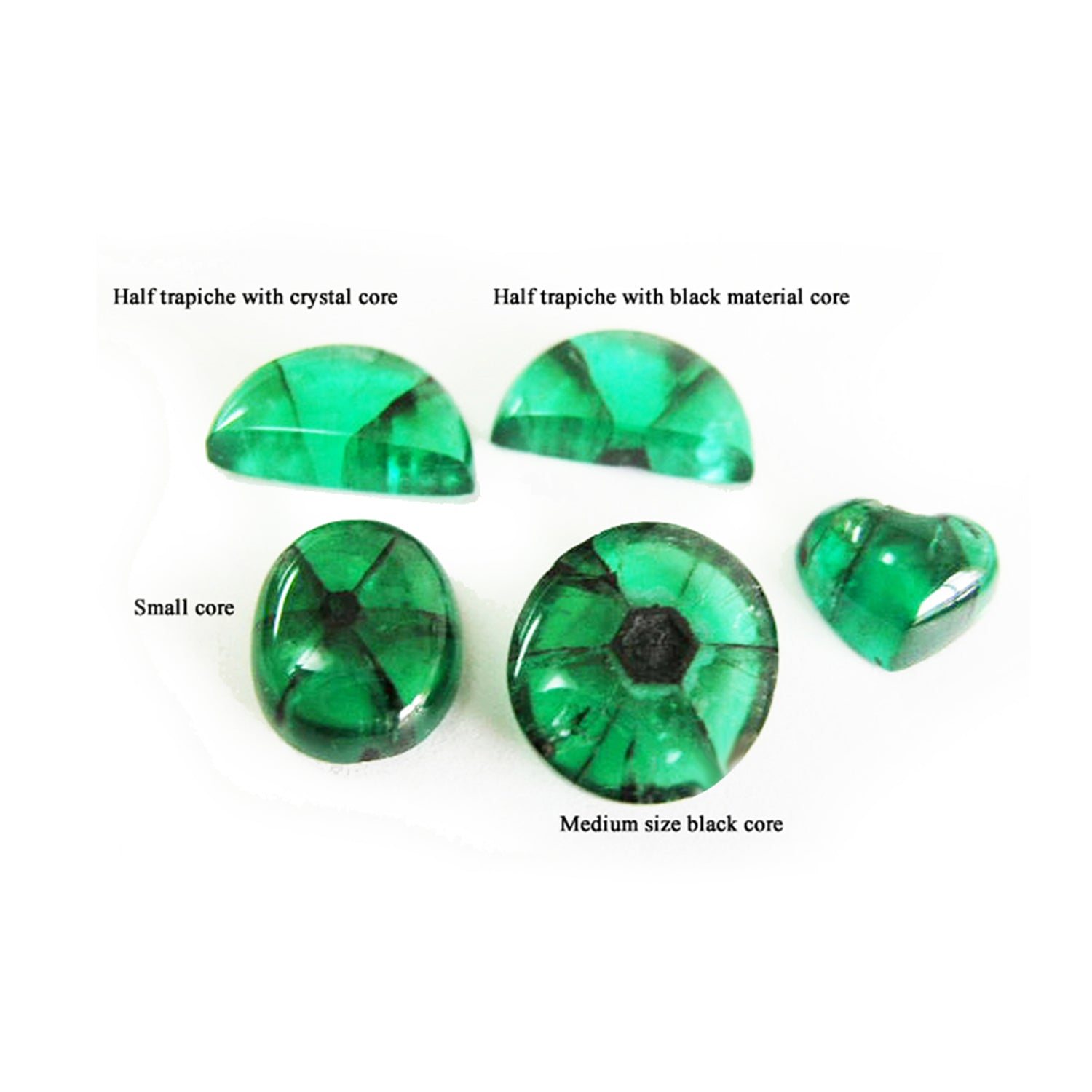 Five green translucent stone pieces arranged on a white background with labels reading 'Half trapiche with crystal core,' 'Half trapiche with black material core,' 'Small core,' 'Medium size black core,' and 'Small heart.'.